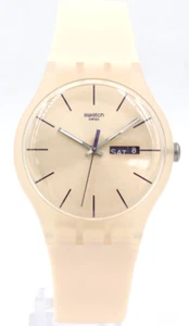 New Swiss Swatch ROSE REBEL Pale Pink Silicone Day-Date Watch 40mm SUOT700 $85 - Picture 1 of 5