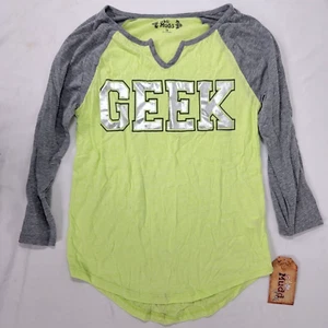 Mudd Girl's Baseball Tee T Shirt Lime Green Silver Gray GEEK Size 14 NEW NOS - Picture 1 of 7