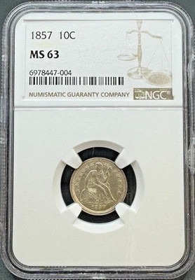 1857 SEATED LIBERTY SILVER DIMES NGC MS63 11XED25 - Image 1 of 4