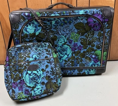 VTG 60'S French Luggage  Bold Floral Leather Trim Suitcase & Carry On SZ 25”X19" - Image 1 of 4
