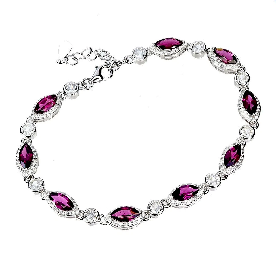 PULSERA GRANATE RODOLITA NATURAL BLANCA CIRCONITA CÚBICA PLATA DE LEY 925 14K WGP 7 PULGADAS Foto 1 de 3