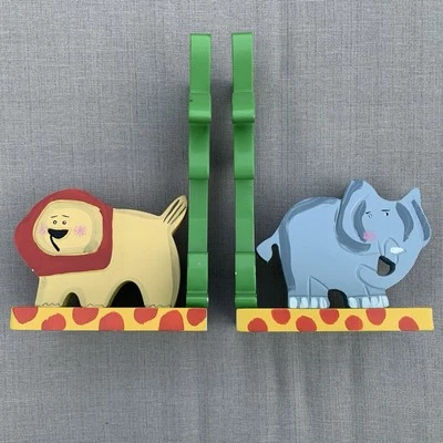 Childrens Wood Jungle Animal Bookends with Yellow Lion Gray Elephant Green Trees - Image 1 of 4