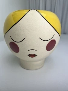 Yellow Ceramic Face Blush Cheeks Lips Blonde SCANDI Style Planter Vase 8.5”H - Picture 1 of 9