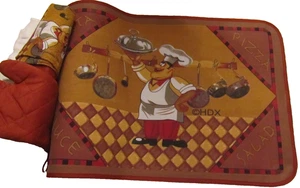 4 pc Kitchen Set: KITCHEN MAT,TOWEL, POT HOLDER & OVEN MITT, FAT CHEF W/DISH, HD - Picture 1 of 22