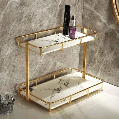 2-Tier Bathroom Organizer Cosmetics Display Rack Marble Print Ceramic Tray - Изображение 1 из 4