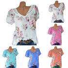 Plus Size Womens Boho Floral Shirt Lace Crochet Neck Short Sleeve Loose Blouse