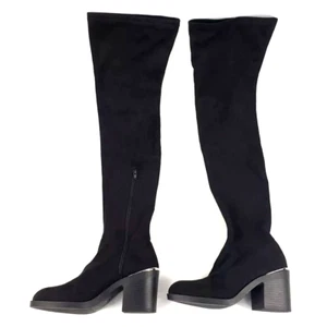 TopShop Over Knee Boots Heels Black Suede Leather Size 5 - Picture 1 of 8
