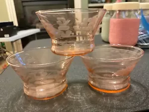 Vintage Pink Etched Depression Glass Sherbet Fruit Dessert Bowl 3½ x 2" - Set 3 - Picture 1 of 3