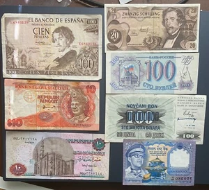 LOT OF 7 DIFFERENT NOTES, 7 DIFFERENT COUNTRIES, HEAVILY CIRCULATED - Picture 1 of 3