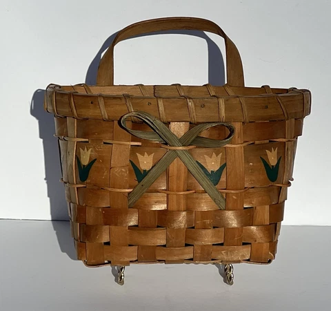 Vintage Handmade Wicker Hanging Basket With Painted Tulips 9 x 7.5 x 5.25 inches Cover