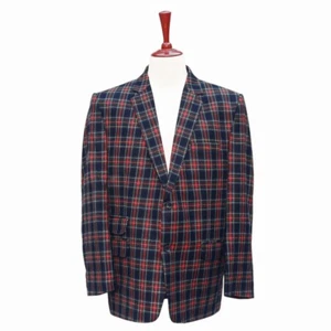 Mens 46R Blazer Tartan Plaid Blue Red 100% Wool Sport Coat Formal Wedding Jacket - Picture 1 of 6