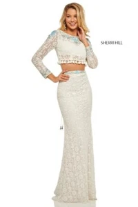 Boho Chic SHERRI HILL 52809 Ivory Aqua Prom Gala Gown Dress sz 2 NWT - Picture 1 of 3