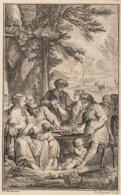 LONGUEIL (*1730) nach EISEN (*1720), Ländliche Familienszene, Rad. Rokoko - Bild 1 von 4