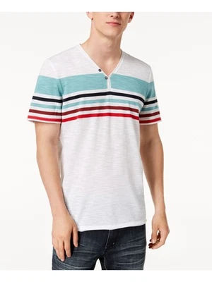 INC 男式白色条纹短袖经典合身纽扣 T 恤 S — 第 1/4 张图片