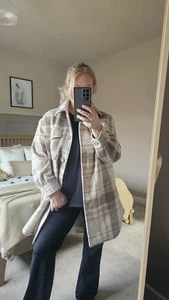 TU Womens Coat Beige and Cream Check UK Size 12 / 14 Medium Collared Button Up - Picture 1 of 11