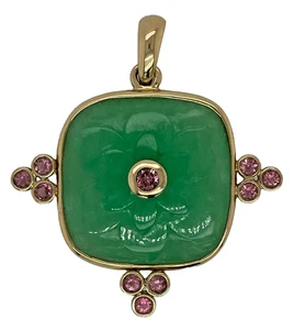 Ciondolo giada verde intagliata oro giallo 14 kt pietre accento ametista 17 grammi firmato - Foto 1 di 5