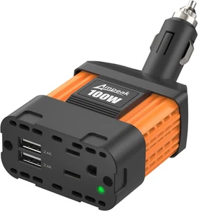 Inversor de alimentación para automóvil Ampeak 100 W 4,8 A puertos USB dobles toma de corriente alterna 11 naranja seguro  - Imagen 1 de 7