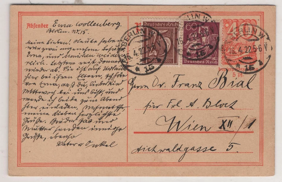 Germany 1922 40pf orange postal card Berlin to Vienna, uprated 25pf & 60pf - Image 1 of 1