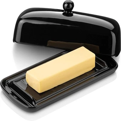 Nucookery Ceramic Butter Dish with Lid | Raised Legs and Non-Slip Strip Black