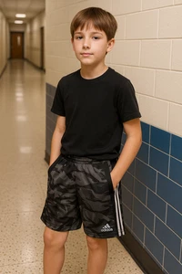 Adidas Boys Medium 10/12 Black Gray Camo Athletic Shorts Drawstring AH0467 - Picture 1 of 9