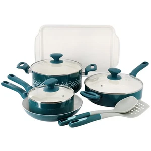Juego de utensilios de cocina Spice By Tia Mowry de 10 piezas de cerámica antiadherente de aluminio en verde azulado - Imagen 1 de 8