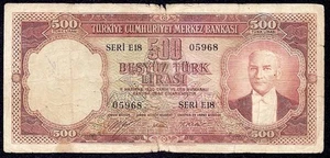 Turkey 500 Lira 1953 P-170 F seri E18 - Imagen 1 de 2