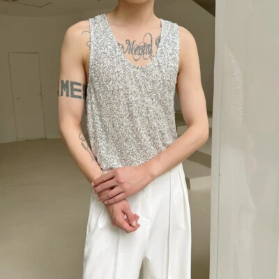 Summer New Sleeveless Vest Men's Stylish Sequin Stage Hairstylist Slim Top Vest - Image 1 of 4