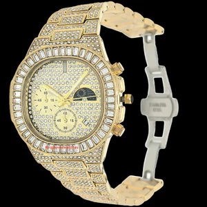 Men's Ice Out Bling Watch Fully Iced 44MM Case Gold 30M WR Chrono Moon Phase - Picture 1 of 10