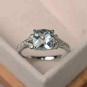 AAA 2.Ct Natural Aquamarine & Moissanite Engagement Ring 14K White Gold solid - Picture 1 of 5