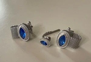 Vintage SWANK Cufflinks & Tie Clip Set Brushed Silvertone w/Beautiful Stones EC! - Picture 1 of 1