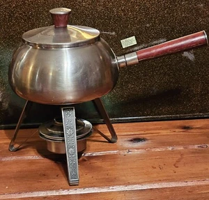 Vintage MCM Fondue Pot Teak Wood Handle & Knob 18-8 Stainless Japan By CORDOVA - Picture 1 of 12