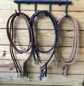 Riendas divididas Western redondas de cuero trenzado con extremos de clip de tijera negro marrón claro - Imagen 1 de 5