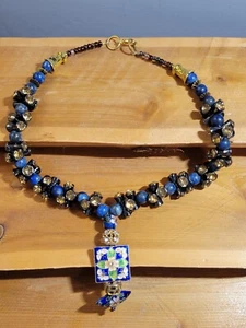Handmade Blue Cloisonne Necklace with Rhinestone & Sodalite Beaded Necklace - Picture 1 of 11
