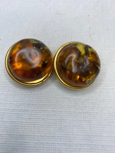 Amber & Gold Earrings Clip on Earrings Statement  Round Button Chunky  - Picture 1 of 6