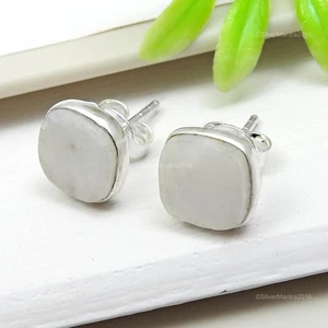 Square Natural Rainbow Moonstone Solid Sterling Silver Stud Post Sister Earrings - Picture 1 of 9
