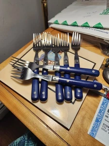 7 Vintage MCM Carnival Wesley Stainless Flatware Blue DINNER FORKS Korea  - Picture 1 of 7