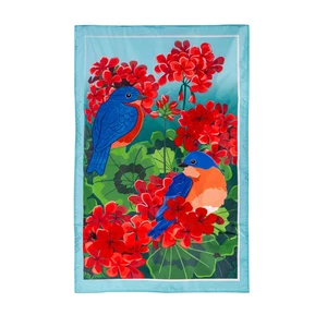 Bluebird in Red Geraniums Applique House Flag,159809 - Picture 1 of 1