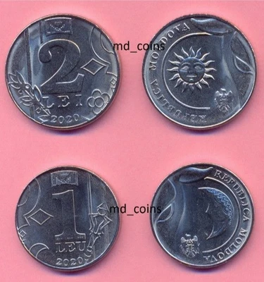 RARE! Moldova 2020 1 lei +2 lei coins set Uncirculated from mint roll - Image 1 of 3