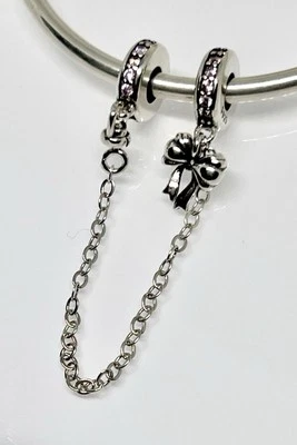 Vintage Bow Safety Chain Spacer Charm Bead Genuine 925 Sterling Silver Gift - Image 1 of 4