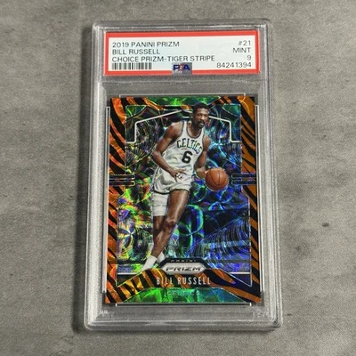 Prizm Bill Russell Choice Tiger Stripe 2019 PSA 9 estuche Hit SSP Celtics Salón de la fama Foto 1 de 2