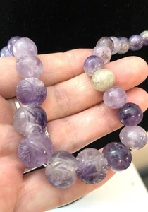 Vintage 23” Long 63g Carved Amethyst Chinese Shou Bead Necklace Good Fortune - Picture 1 of 11
