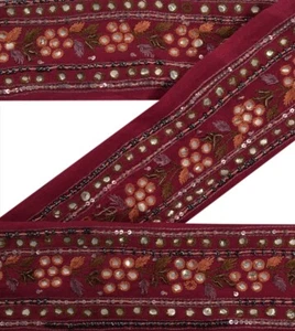 Sanskriti Vintage Sari Border Hand Bead Craft Trim Lace 1Yd Floral Decor Maroon - Picture 1 of 6