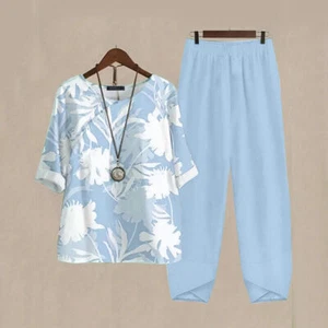 Womens Short Sleeve Tops Elastic Waist Trousers Suit Casual Loose Outfits *-* - Picture 1 of 16