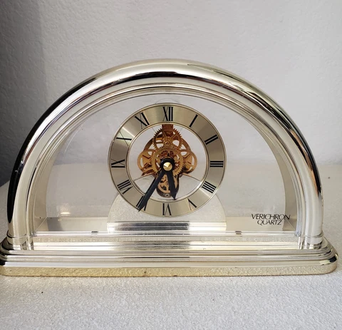 Verichron Quartz Mantel Table Gold Tone Half Moon See Through Skeleton Clock Cover