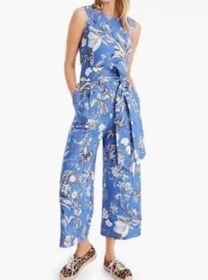 J.Crew Linen Wrap Back Jumpsuit in Ratti Tropical Toile Floral Blue White Sz 0 - Image 1 of 4