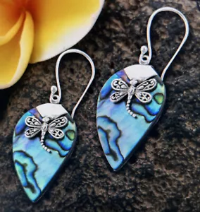 Bali Legacy Abalone Shell Dragonfly Earrings In 925 Sterling Silver - Picture 1 of 4