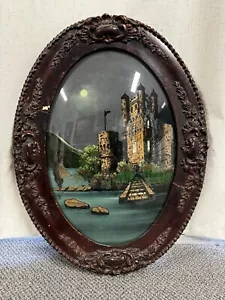 Antiguo castillo de vidrio convexo pintado al revés - en el Danubio - marco de madera - Imagen 1 de 5
