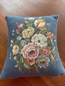VTG Metrax Tapestry Floral On Blue Pillow Belgium Cottage Chic Velvet Back - Picture 1 of 10