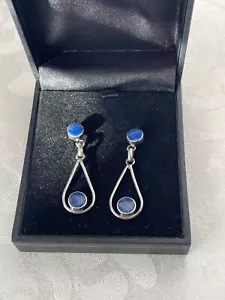 925 Sterling Silver Blue Double Lapis Lazuli Tear Drop/Dangle Earrings Handcraft - Picture 1 of 7