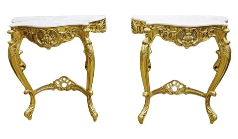 Pair French Louis XV Gilded Console Tables with White Marble Tops Cover